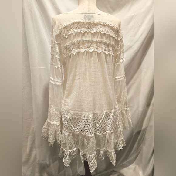 GIACOMO CINQUE White Cotton Sheer Lace Floral Appliqué Tunic Dress Made in Italy - Picture 3 of 6
